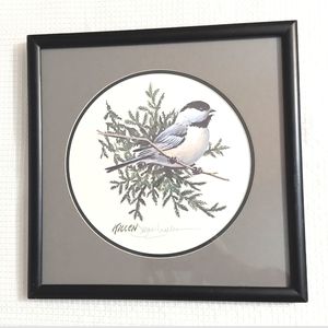 Killen Bird Watercolor Signed Print Round Double Matte Framed Chickadee Nature